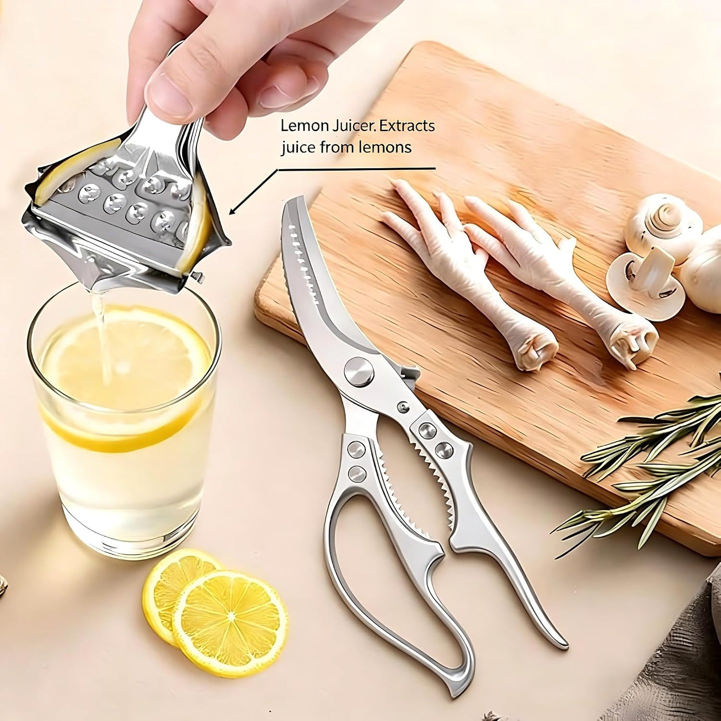 Heavy Duty Poultry Shears Chicken Turkey Fish Veg Bone Cut | Spring Rebound Safety Lock Non-Slip Alu Grip Rustproof Mo-V Blade Fish Scaler Dishwasher Safe Bonus Lemon Squeezer Nut Opener