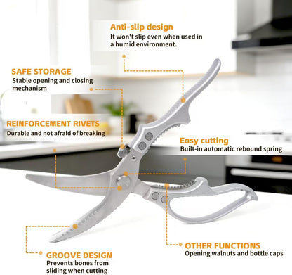 Heavy Duty Poultry Shears Chicken Turkey Fish Veg Bone Cut | Spring Rebound Safety Lock Non-Slip Alu Grip Rustproof Mo-V Blade Fish Scaler Dishwasher Safe Bonus Lemon Squeezer Nut Opener