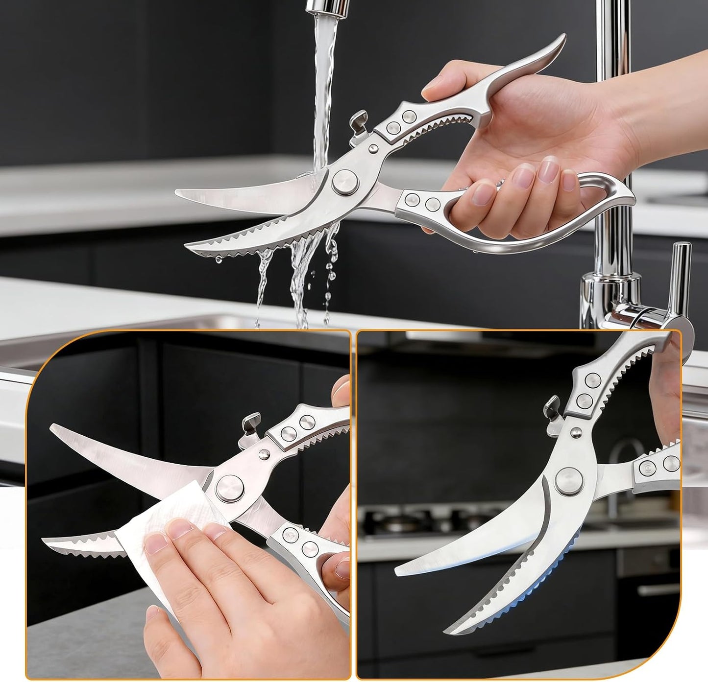 Heavy Duty Poultry Shears Chicken Turkey Fish Veg Bone Cut | Spring Rebound Safety Lock Non-Slip Alu Grip Rustproof Mo-V Blade Fish Scaler Dishwasher Safe Bonus Lemon Squeezer Nut Opener