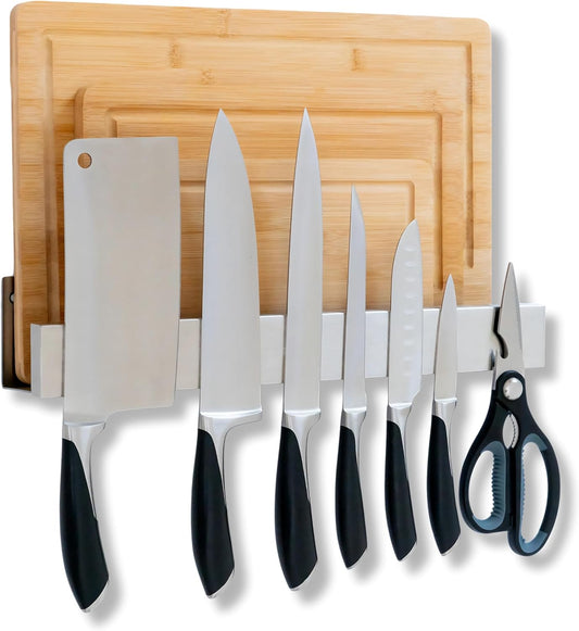 Knife Magnetic Strip & Cutting Board Holder for Wall or Fridge - 16 inch - (Supplies Not Included) - Magnetic Cutting Board & Knife Holder for Fridge or Wall