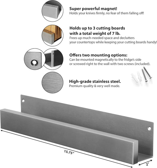 Knife Magnetic Strip & Cutting Board Holder for Wall or Fridge - 16 inch - (Supplies Not Included) - Magnetic Cutting Board & Knife Holder for Fridge or Wall
