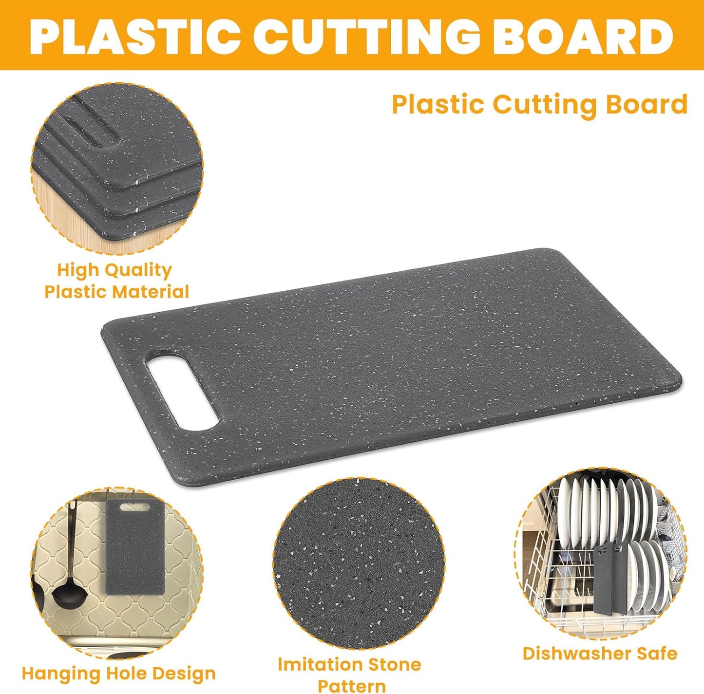 6 Pcs Plastic Cutting Boards, Small Rectangular Cutting Board Set, Granite Color, Injection Molded Polypropylene (PP), 10 x 6 Inches, Dishwasher Safe, Space Saving, For Fruits