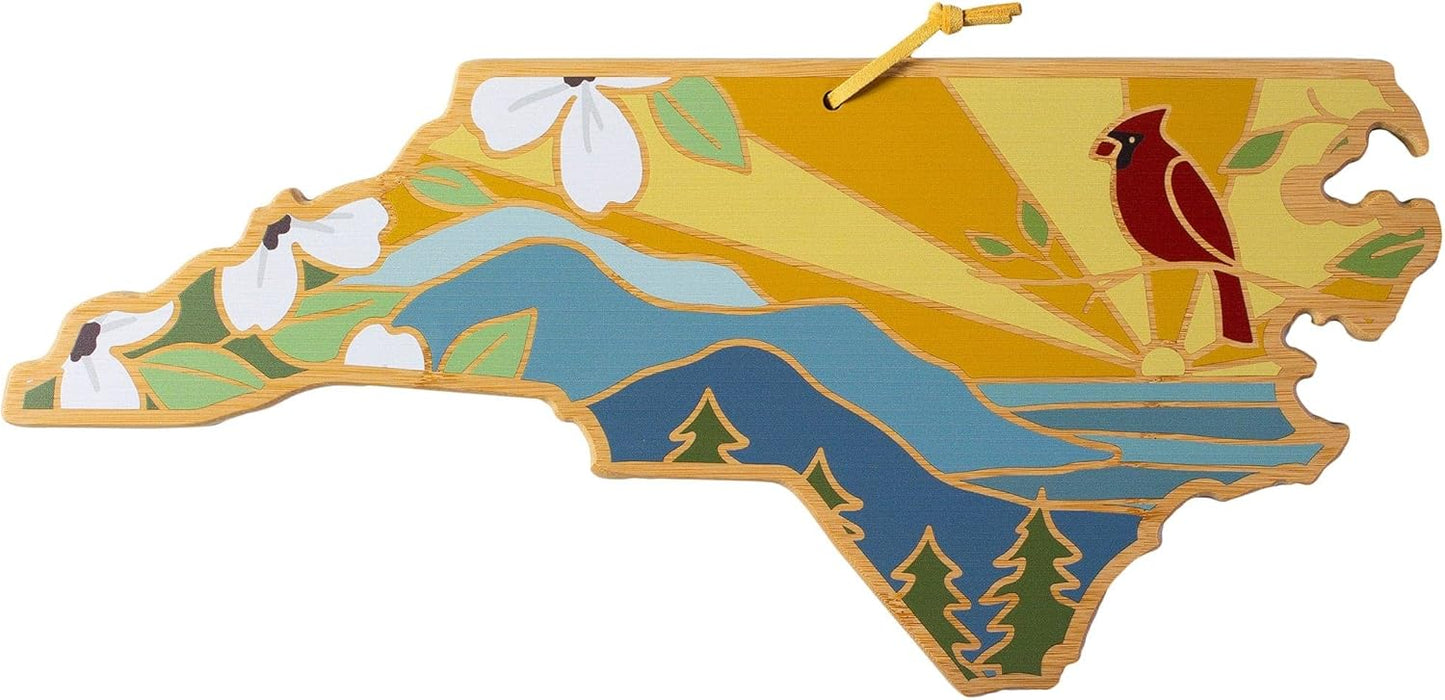 North Carolina State Shaped Cutting Board, Summer Stokes Art | State charcuterie board with colorful hand-drawn landscape art. Smooth reverse side for food prep. Hang tie for wall display. - Colors A