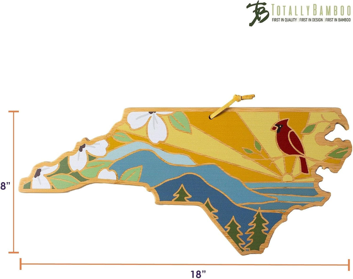 North Carolina State Shaped Cutting Board, Summer Stokes Art | State charcuterie board with colorful hand-drawn landscape art. Smooth reverse side for food prep. Hang tie for wall display. - Colors A