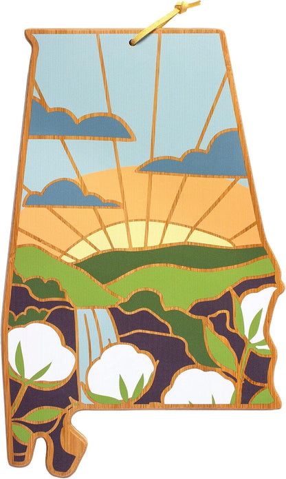 North Carolina State Shaped Cutting Board, Summer Stokes Art | State charcuterie board with colorful hand-drawn landscape art. Smooth reverse side for food prep. Hang tie for wall display. - Colors A