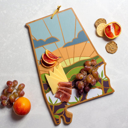 North Carolina State Shaped Cutting Board, Summer Stokes Art | State charcuterie board with colorful hand-drawn landscape art. Smooth reverse side for food prep. Hang tie for wall display. - Colors A