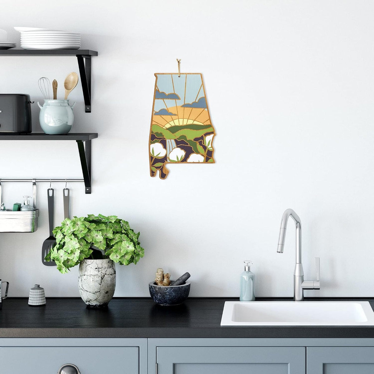 North Carolina State Shaped Cutting Board, Summer Stokes Art | State charcuterie board with colorful hand-drawn landscape art. Smooth reverse side for food prep. Hang tie for wall display. - Colors A