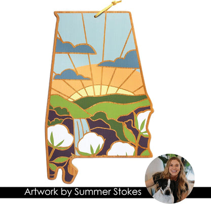 North Carolina State Shaped Cutting Board, Summer Stokes Art | State charcuterie board with colorful hand-drawn landscape art. Smooth reverse side for food prep. Hang tie for wall display. - Colors A