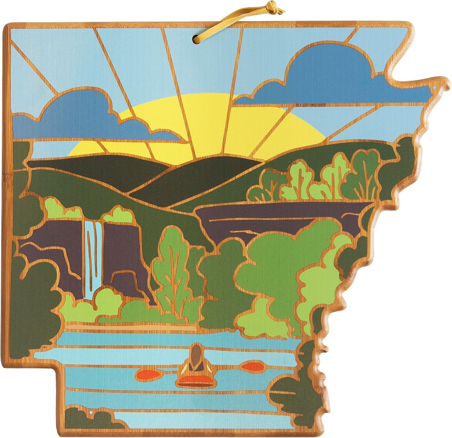 North Carolina State Shaped Cutting Board, Summer Stokes Art | State charcuterie board with colorful hand-drawn landscape art. Smooth reverse side for food prep. Hang tie for wall display. - Colors A