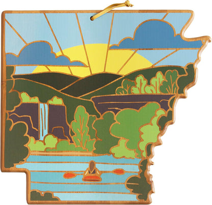 North Carolina State Shaped Cutting Board, Summer Stokes Art | State charcuterie board with colorful hand-drawn landscape art. Smooth reverse side for food prep. Hang tie for wall display. - Colors A