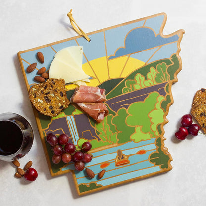 North Carolina State Shaped Cutting Board, Summer Stokes Art | State charcuterie board with colorful hand-drawn landscape art. Smooth reverse side for food prep. Hang tie for wall display. - Colors A