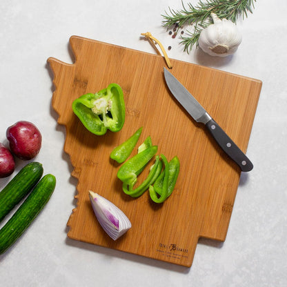North Carolina State Shaped Cutting Board, Summer Stokes Art | State charcuterie board with colorful hand-drawn landscape art. Smooth reverse side for food prep. Hang tie for wall display. - Colors A