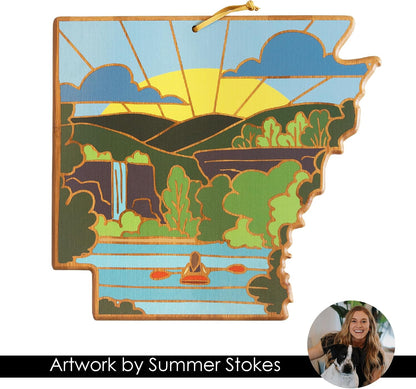 North Carolina State Shaped Cutting Board, Summer Stokes Art | State charcuterie board with colorful hand-drawn landscape art. Smooth reverse side for food prep. Hang tie for wall display. - Colors A