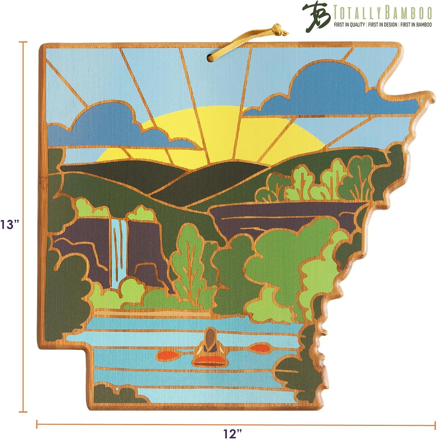 North Carolina State Shaped Cutting Board, Summer Stokes Art | State charcuterie board with colorful hand-drawn landscape art. Smooth reverse side for food prep. Hang tie for wall display. - Colors A