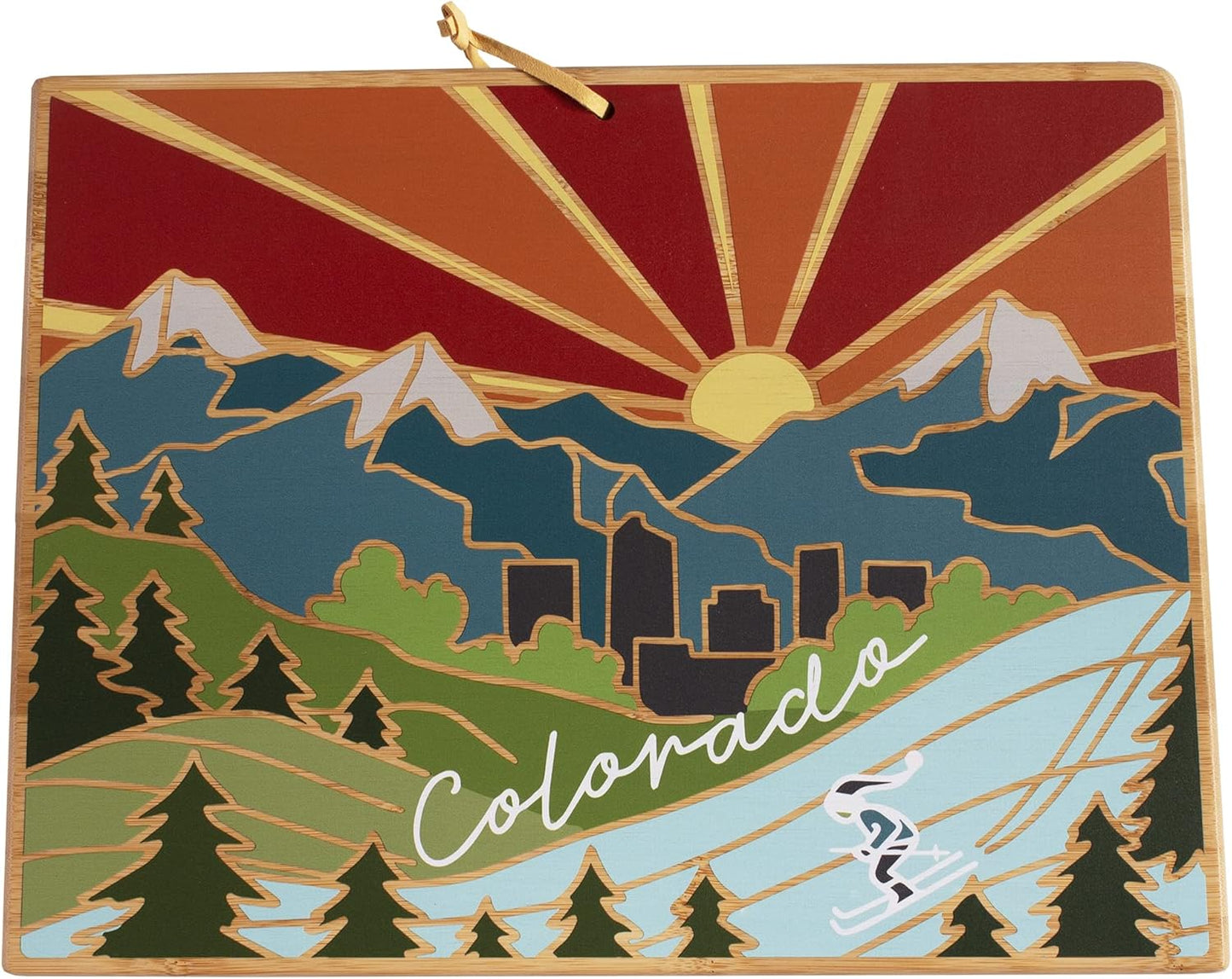 North Carolina State Shaped Cutting Board, Summer Stokes Art | State charcuterie board with colorful hand-drawn landscape art. Smooth reverse side for food prep. Hang tie for wall display. - Colors A