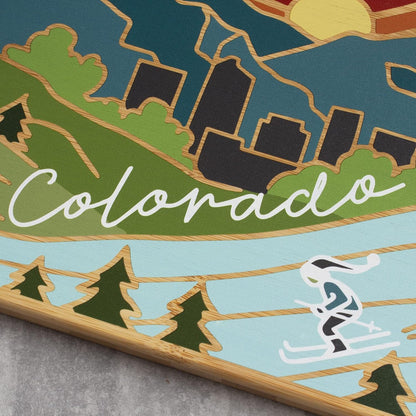 North Carolina State Shaped Cutting Board, Summer Stokes Art | State charcuterie board with colorful hand-drawn landscape art. Smooth reverse side for food prep. Hang tie for wall display. - Colors A