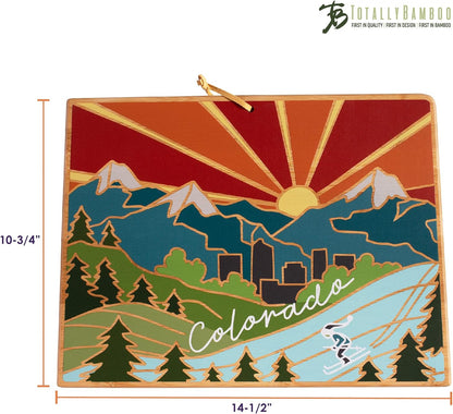 North Carolina State Shaped Cutting Board, Summer Stokes Art | State charcuterie board with colorful hand-drawn landscape art. Smooth reverse side for food prep. Hang tie for wall display. - Colors A