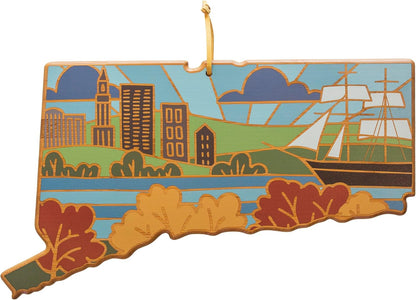 North Carolina State Shaped Cutting Board, Summer Stokes Art | State charcuterie board with colorful hand-drawn landscape art. Smooth reverse side for food prep. Hang tie for wall display. - Colors A