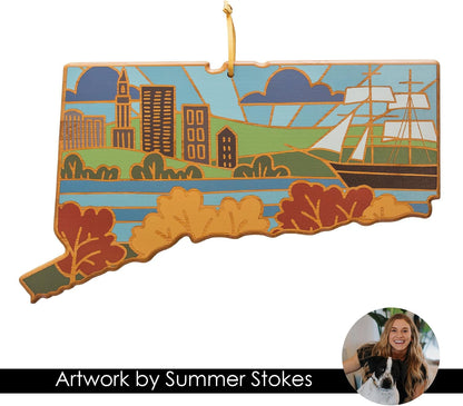 North Carolina State Shaped Cutting Board, Summer Stokes Art | State charcuterie board with colorful hand-drawn landscape art. Smooth reverse side for food prep. Hang tie for wall display. - Colors A