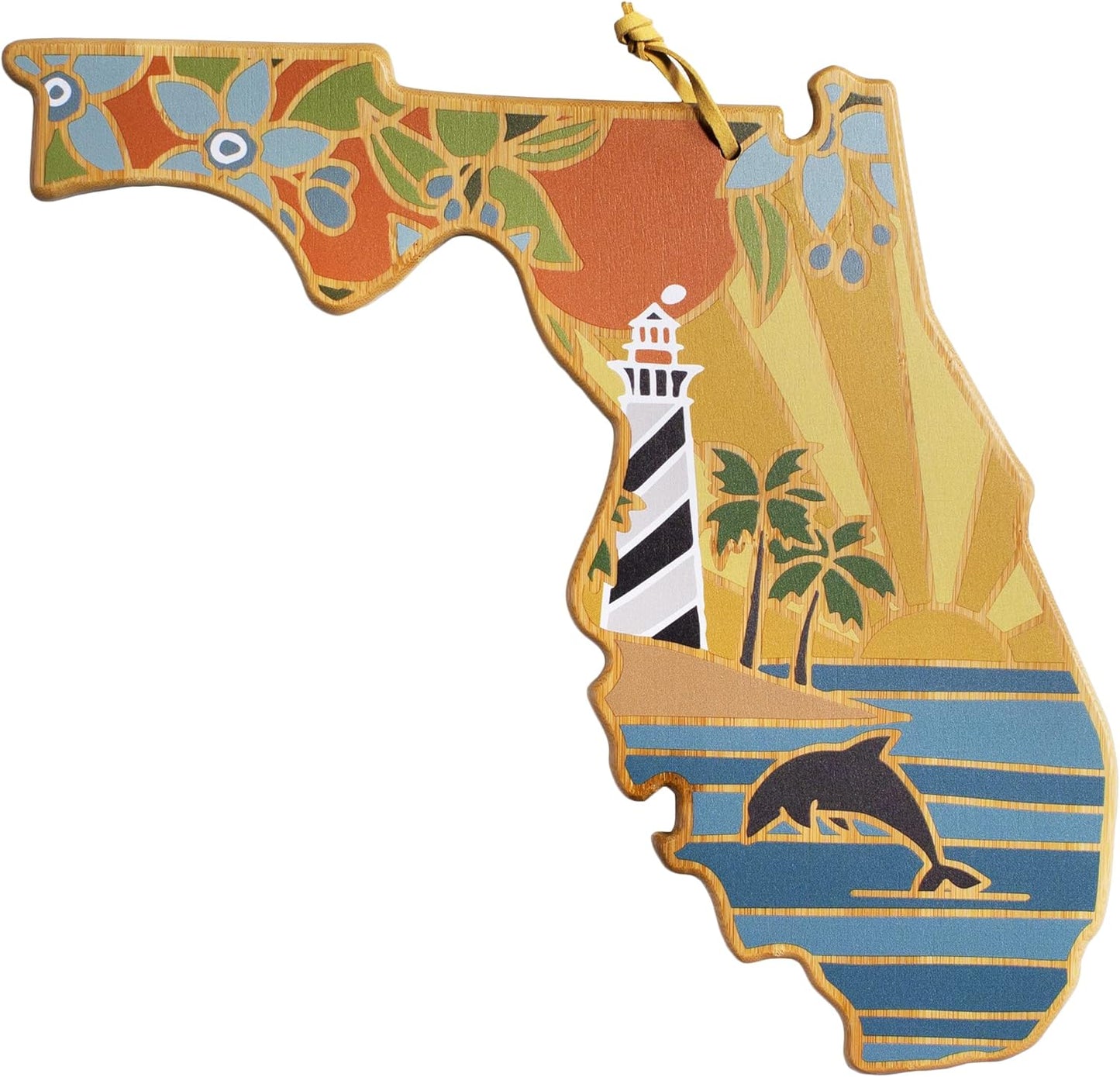 North Carolina State Shaped Cutting Board, Summer Stokes Art | State charcuterie board with colorful hand-drawn landscape art. Smooth reverse side for food prep. Hang tie for wall display. - Colors A