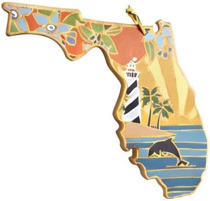 North Carolina State Shaped Cutting Board, Summer Stokes Art | State charcuterie board with colorful hand-drawn landscape art. Smooth reverse side for food prep. Hang tie for wall display. - Colors A