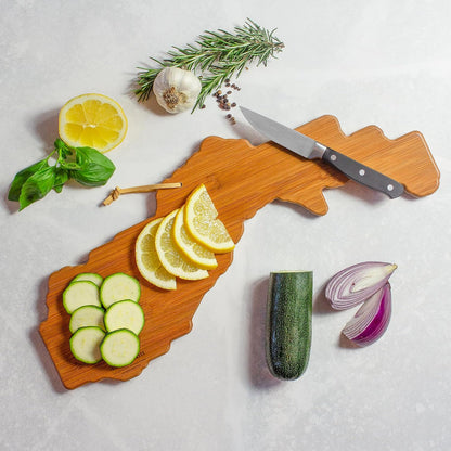 North Carolina State Shaped Cutting Board, Summer Stokes Art | State charcuterie board with colorful hand-drawn landscape art. Smooth reverse side for food prep. Hang tie for wall display. - Colors A