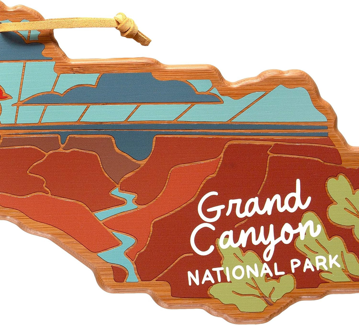North Carolina State Shaped Cutting Board, Summer Stokes Art | State charcuterie board with colorful hand-drawn landscape art. Smooth reverse side for food prep. Hang tie for wall display. - Colors A