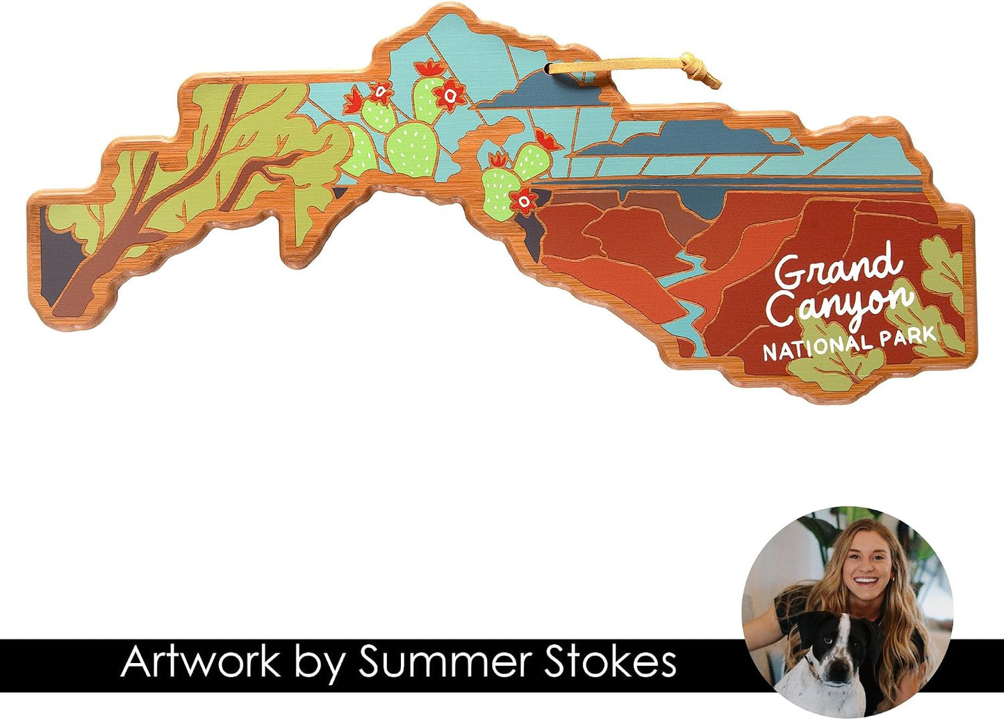 North Carolina State Shaped Cutting Board, Summer Stokes Art | State charcuterie board with colorful hand-drawn landscape art. Smooth reverse side for food prep. Hang tie for wall display. - Colors A