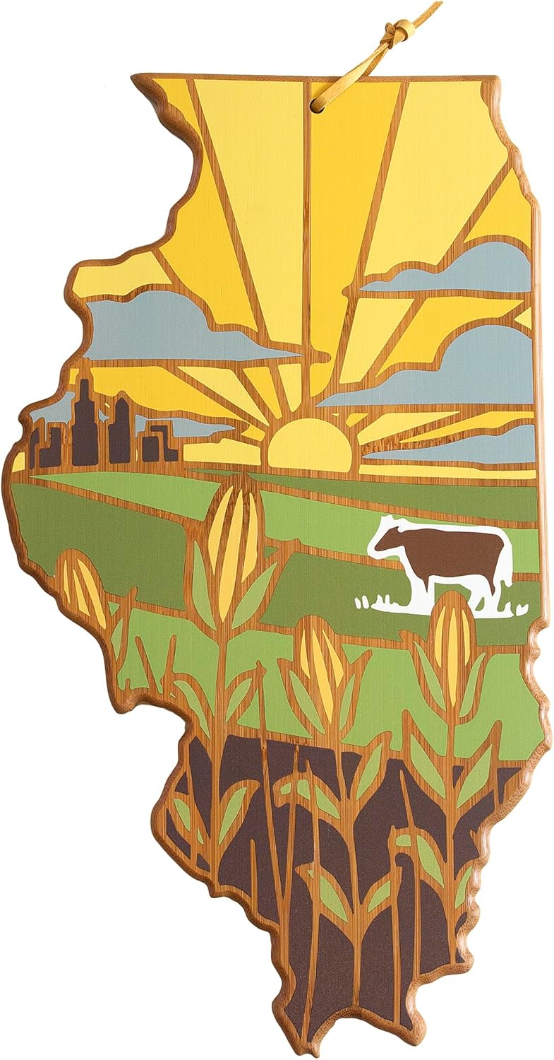 North Carolina State Shaped Cutting Board, Summer Stokes Art | State charcuterie board with colorful hand-drawn landscape art. Smooth reverse side for food prep. Hang tie for wall display. - Colors A