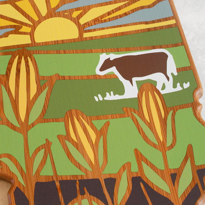 North Carolina State Shaped Cutting Board, Summer Stokes Art | State charcuterie board with colorful hand-drawn landscape art. Smooth reverse side for food prep. Hang tie for wall display. - Colors A