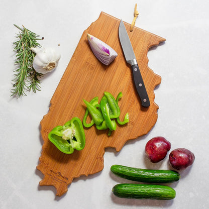 North Carolina State Shaped Cutting Board, Summer Stokes Art | State charcuterie board with colorful hand-drawn landscape art. Smooth reverse side for food prep. Hang tie for wall display. - Colors A