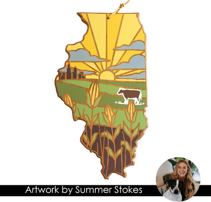 North Carolina State Shaped Cutting Board, Summer Stokes Art | State charcuterie board with colorful hand-drawn landscape art. Smooth reverse side for food prep. Hang tie for wall display. - Colors A