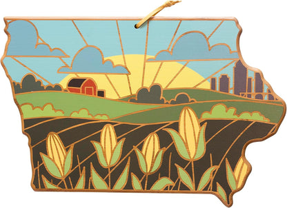 North Carolina State Shaped Cutting Board, Summer Stokes Art | State charcuterie board with colorful hand-drawn landscape art. Smooth reverse side for food prep. Hang tie for wall display. - Colors A