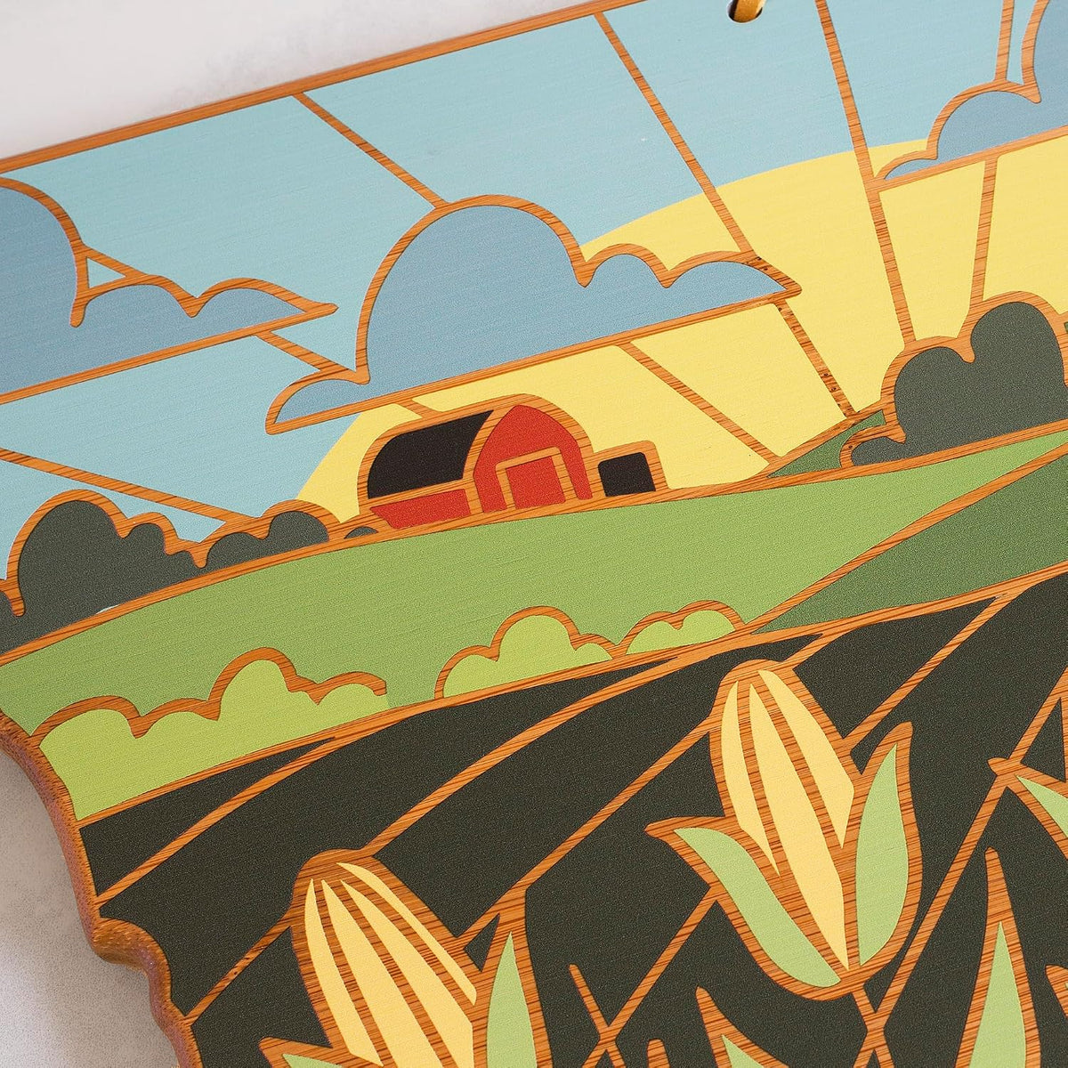 North Carolina State Shaped Cutting Board, Summer Stokes Art | State charcuterie board with colorful hand-drawn landscape art. Smooth reverse side for food prep. Hang tie for wall display. - Colors A