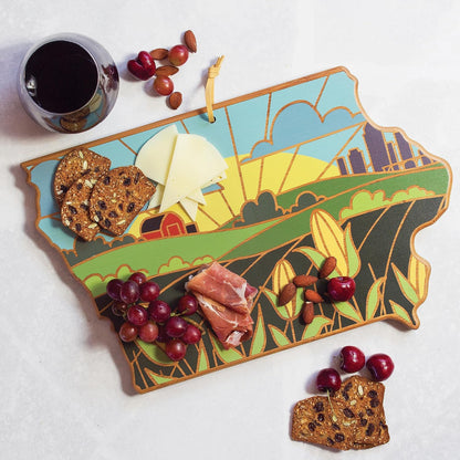 North Carolina State Shaped Cutting Board, Summer Stokes Art | State charcuterie board with colorful hand-drawn landscape art. Smooth reverse side for food prep. Hang tie for wall display. - Colors A