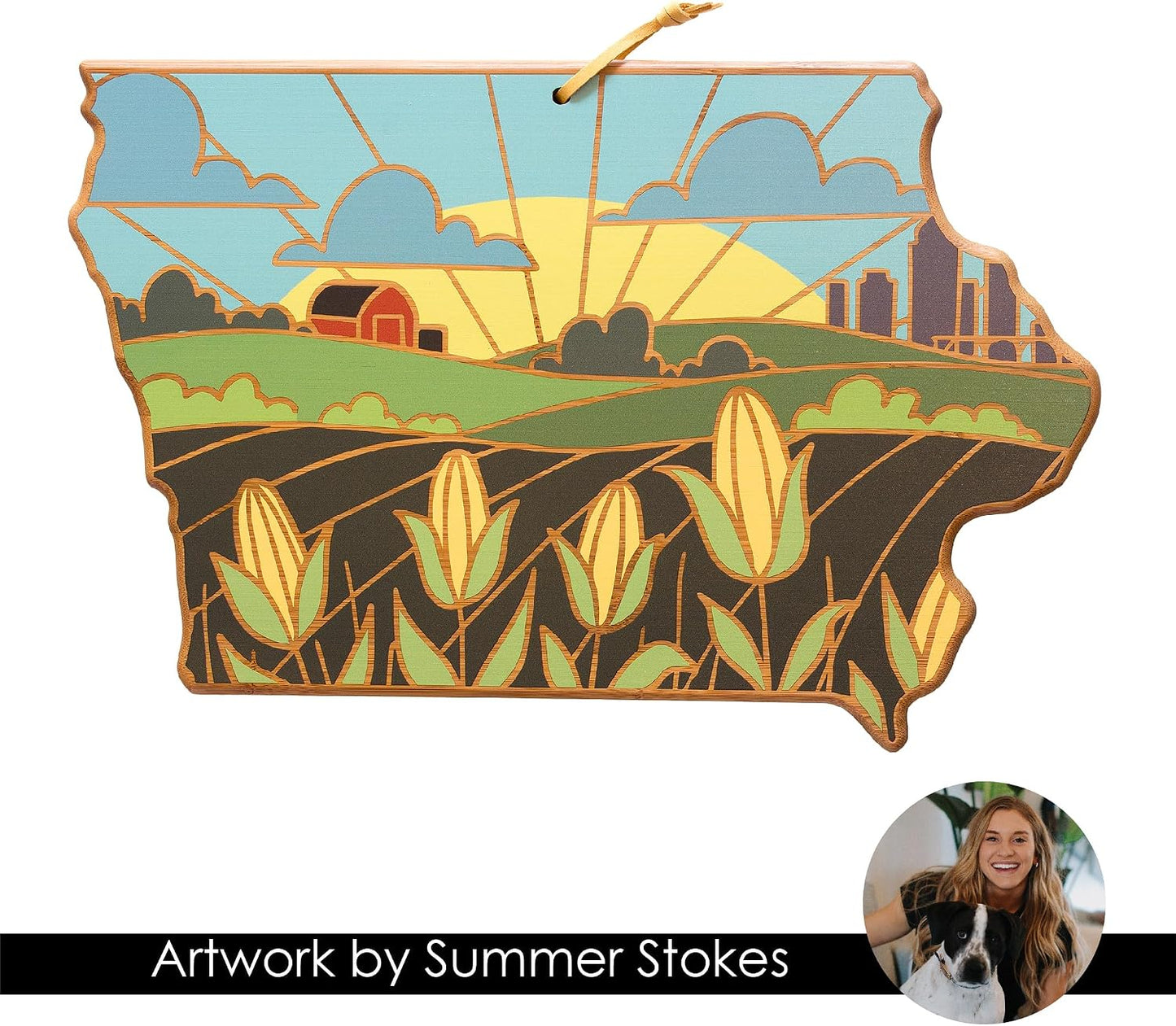 North Carolina State Shaped Cutting Board, Summer Stokes Art | State charcuterie board with colorful hand-drawn landscape art. Smooth reverse side for food prep. Hang tie for wall display. - Colors A