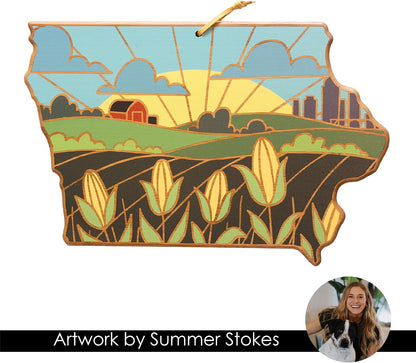 North Carolina State Shaped Cutting Board, Summer Stokes Art | State charcuterie board with colorful hand-drawn landscape art. Smooth reverse side for food prep. Hang tie for wall display. - Colors A