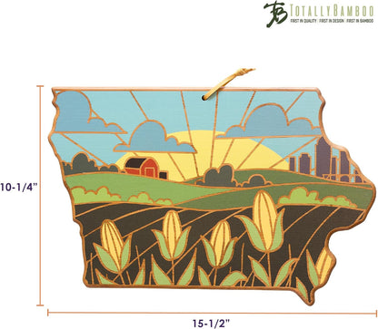 North Carolina State Shaped Cutting Board, Summer Stokes Art | State charcuterie board with colorful hand-drawn landscape art. Smooth reverse side for food prep. Hang tie for wall display. - Colors A