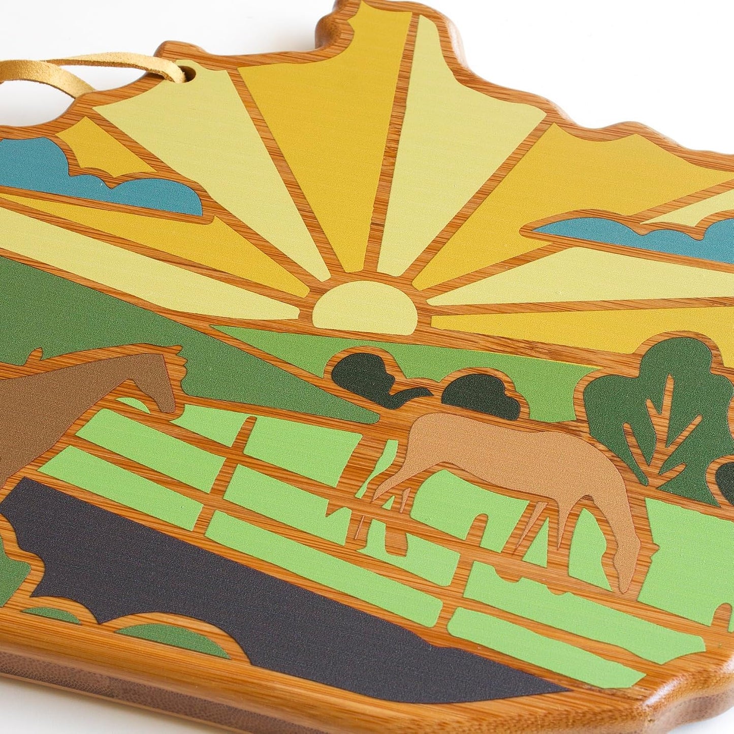 North Carolina State Shaped Cutting Board, Summer Stokes Art | State charcuterie board with colorful hand-drawn landscape art. Smooth reverse side for food prep. Hang tie for wall display. - Colors A
