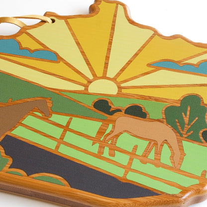 North Carolina State Shaped Cutting Board, Summer Stokes Art | State charcuterie board with colorful hand-drawn landscape art. Smooth reverse side for food prep. Hang tie for wall display. - Colors A