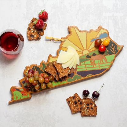 North Carolina State Shaped Cutting Board, Summer Stokes Art | State charcuterie board with colorful hand-drawn landscape art. Smooth reverse side for food prep. Hang tie for wall display. - Colors A