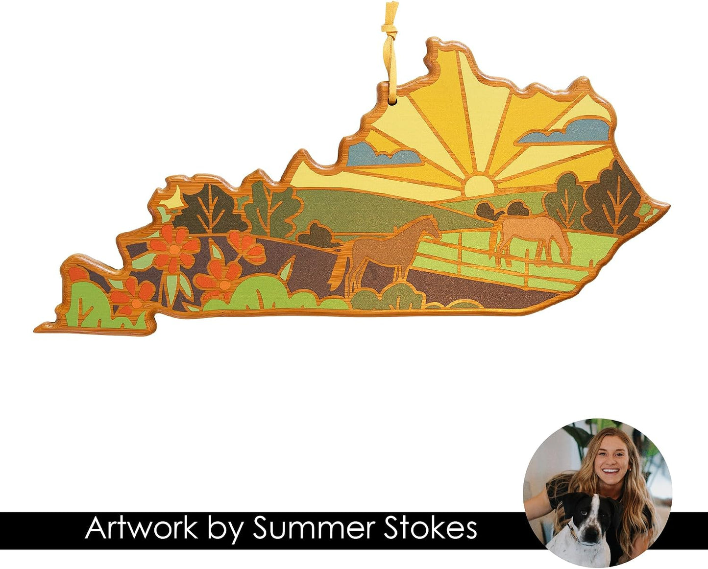 North Carolina State Shaped Cutting Board, Summer Stokes Art | State charcuterie board with colorful hand-drawn landscape art. Smooth reverse side for food prep. Hang tie for wall display. - Colors A