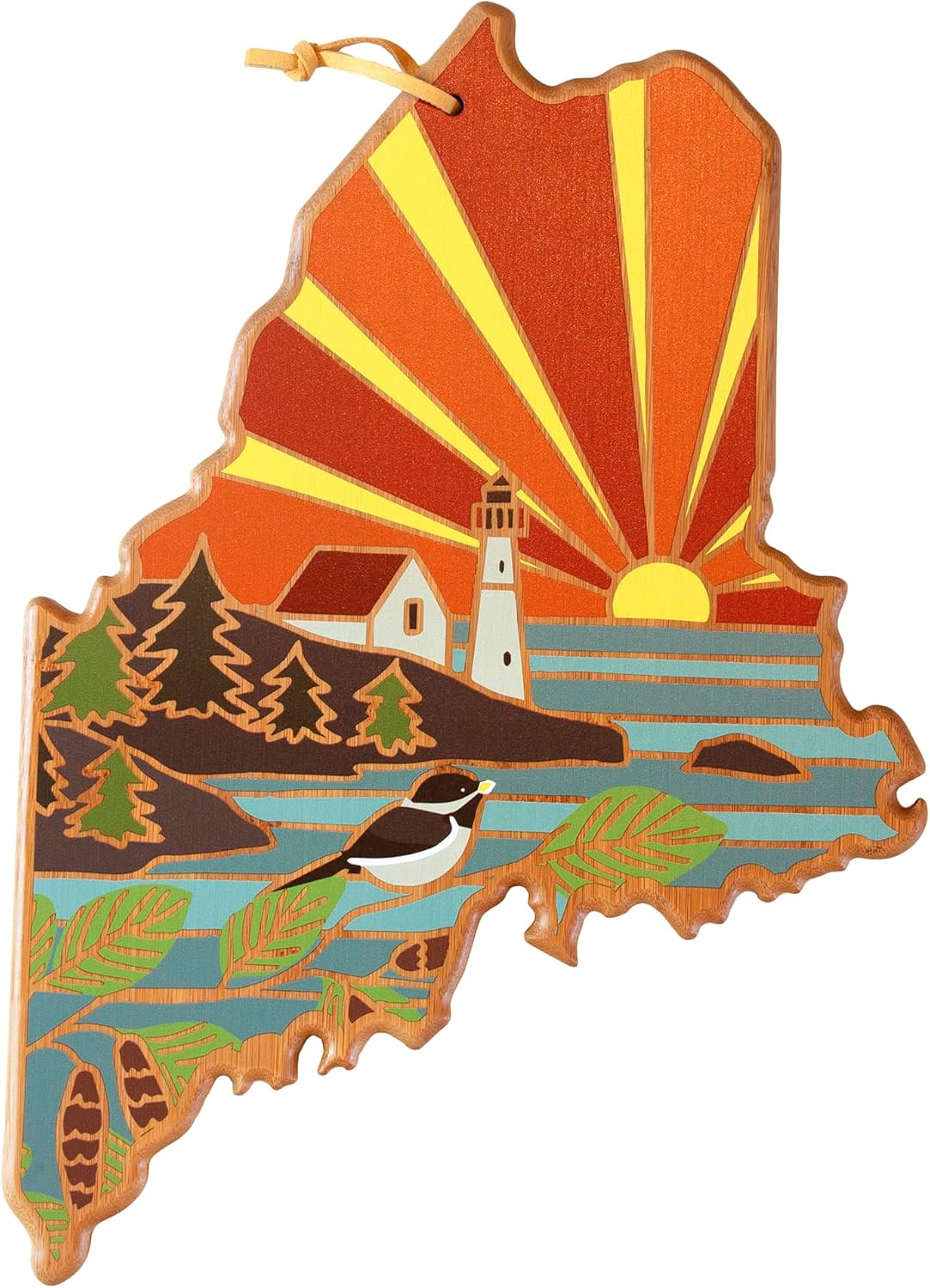 North Carolina State Shaped Cutting Board, Summer Stokes Art | State charcuterie board with colorful hand-drawn landscape art. Smooth reverse side for food prep. Hang tie for wall display. - Colors A