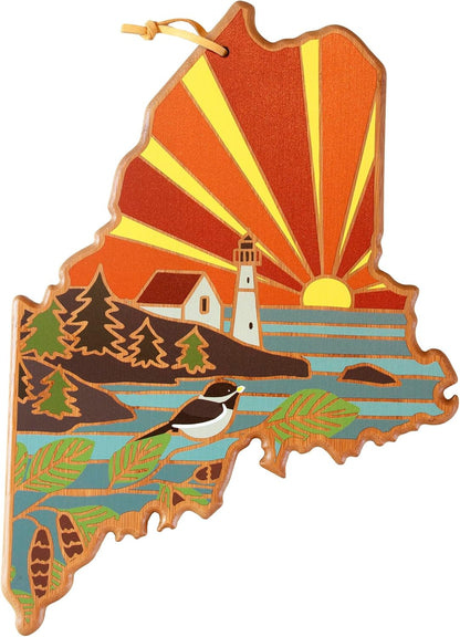 North Carolina State Shaped Cutting Board, Summer Stokes Art | State charcuterie board with colorful hand-drawn landscape art. Smooth reverse side for food prep. Hang tie for wall display. - Colors A
