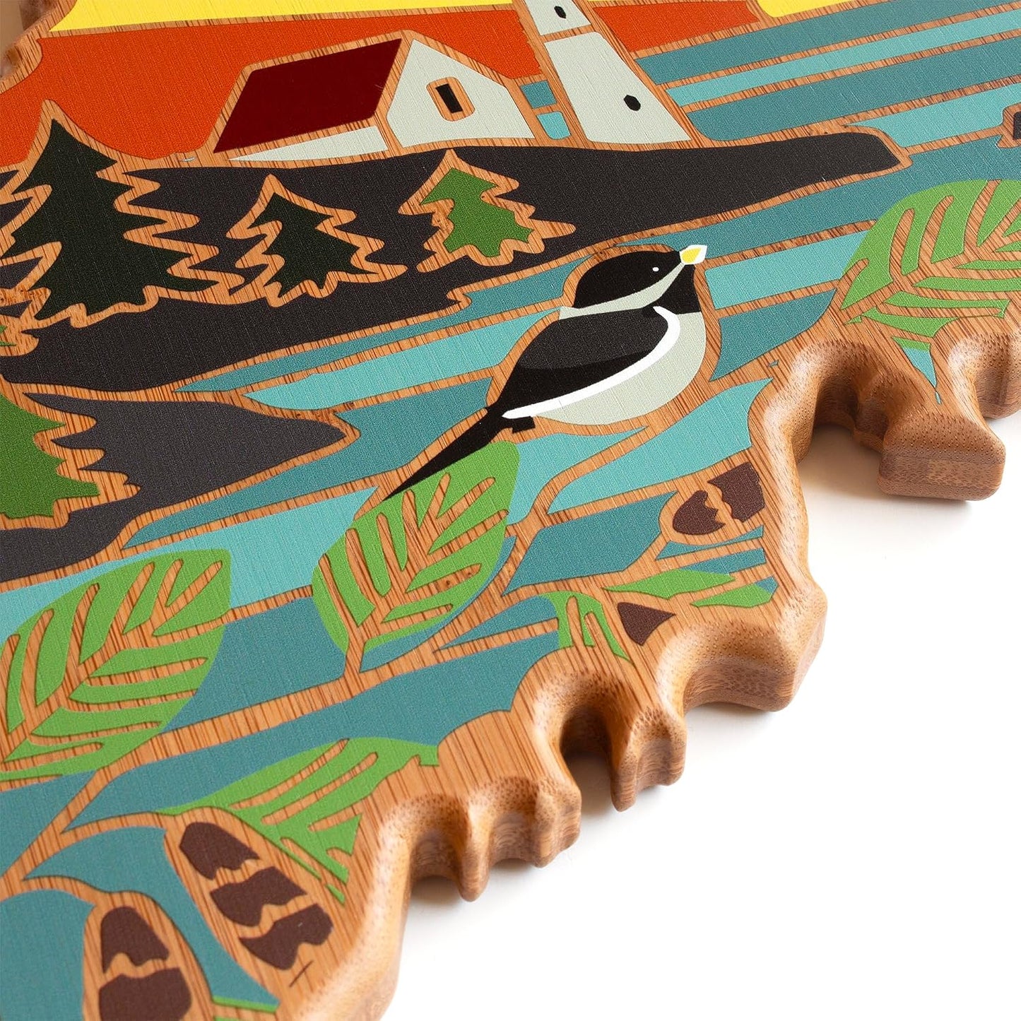 North Carolina State Shaped Cutting Board, Summer Stokes Art | State charcuterie board with colorful hand-drawn landscape art. Smooth reverse side for food prep. Hang tie for wall display. - Colors A