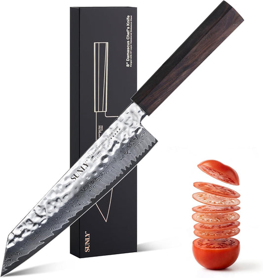 SUNLY Japanese Chef Knife, 8 Inch Damascus Kitchen Knife with VG10 Core, 67 Layer Steel, Hand Hammered Finish, Octagonal Handle for Better Control for Meat, Fruits, Vegetables, Gift for Father