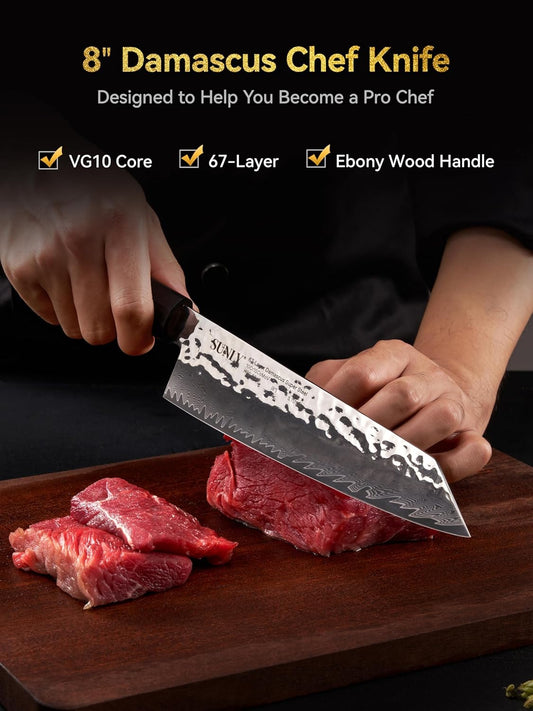 SUNLY Japanese Chef Knife, 8 Inch Damascus Kitchen Knife with VG10 Core, 67 Layer Steel, Hand Hammered Finish, Octagonal Handle for Better Control for Meat, Fruits, Vegetables, Gift for Father