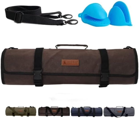Chef Knife Roll Bag – 12oz Water-Resistant Waxed Canvas – Heavy-Duty Portable Knife Case with 11 Slots for Cleavers, Carving Knives & Chef Tools – Bonus Oven Mitts Included (Brown)