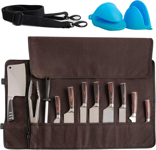 Chef Knife Roll Bag – 12oz Water-Resistant Waxed Canvas – Heavy-Duty Portable Knife Case with 11 Slots for Cleavers, Carving Knives & Chef Tools – Bonus Oven Mitts Included (Brown)