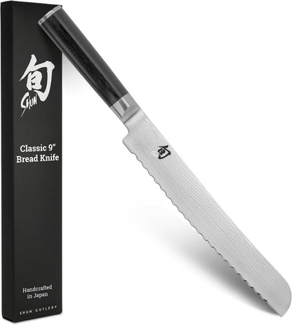 Classic 9" Bread Knife, Handcrafted Japanese Serrated Knife, VG-MAX Core with Damascus Stainless Steel Cladding, Pakkawood Handle, Slicing Tool for Professional and Home Chefs